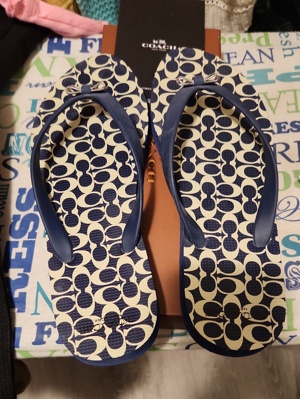 Coach Navy and Cream Signature Flip Flop Sandals